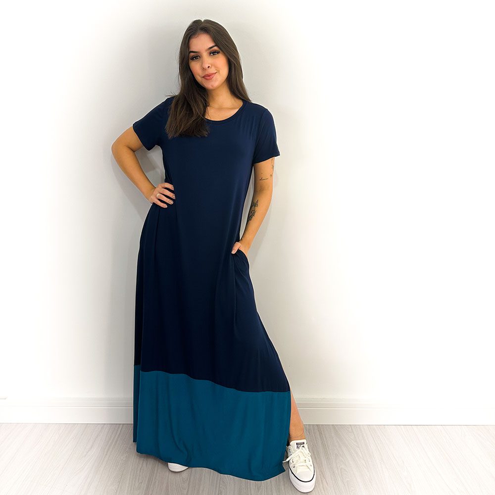 Vestido Longo Em Malha Azul Marinho Azul Petr Leo Inovar Forever