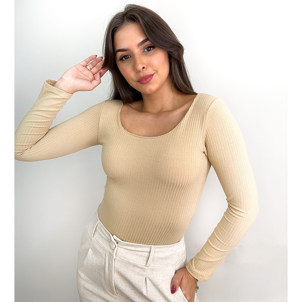 Blusa Manga Longa Tecido Canelado Cor Nude Inovar Forever