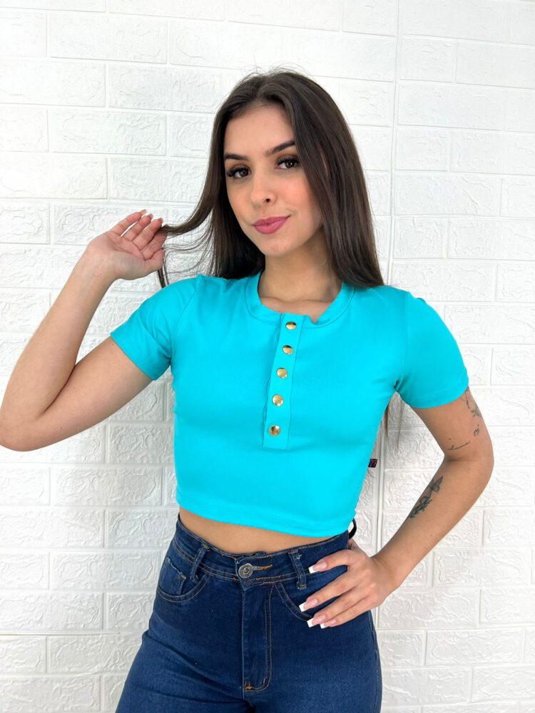 Cropped em Poliamida Manga Curta com Botões