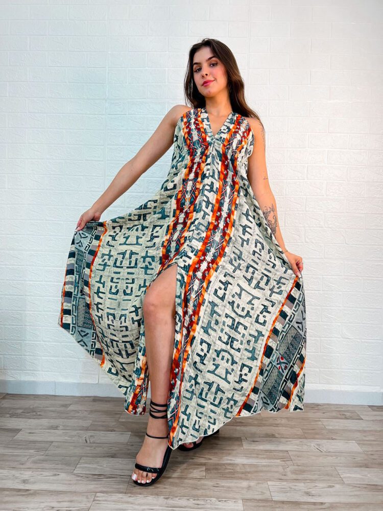 Vestido Longo Indiano Estampa em formas Geométricas