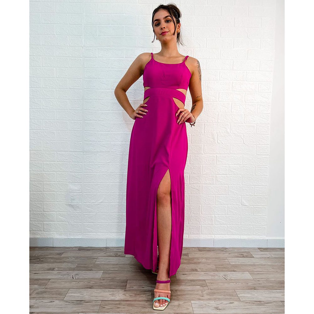 Vestido em Viscolinho Fucsia com Amarrações e Fenda