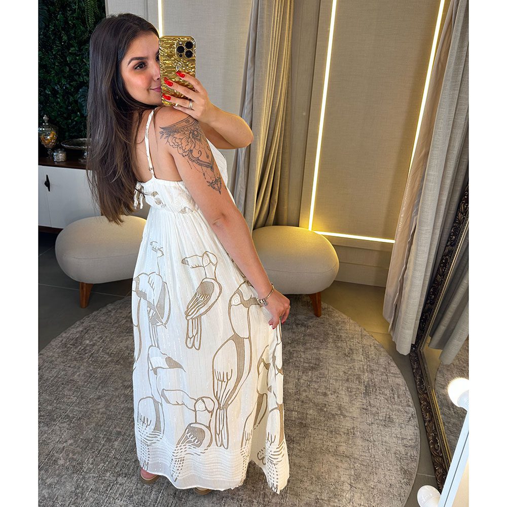 Vestido Longo em Crepe Com Dourado Detals