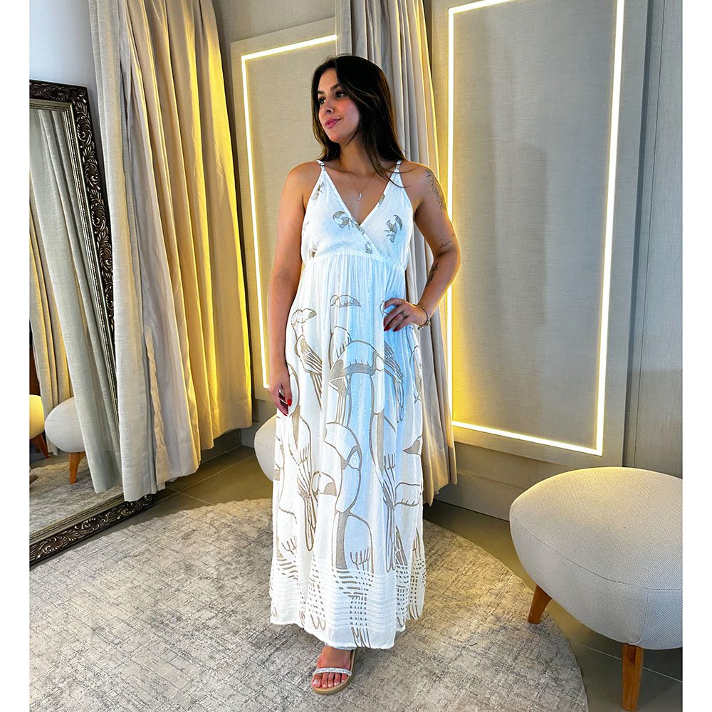 Vestido Longo em Crepe Com Dourado Detals