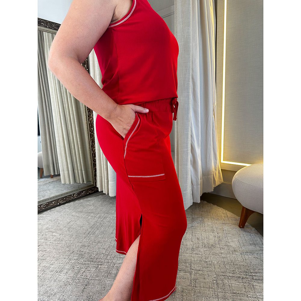 Conjunto em Moletinho com Saia e Regata Vermelho/Off
