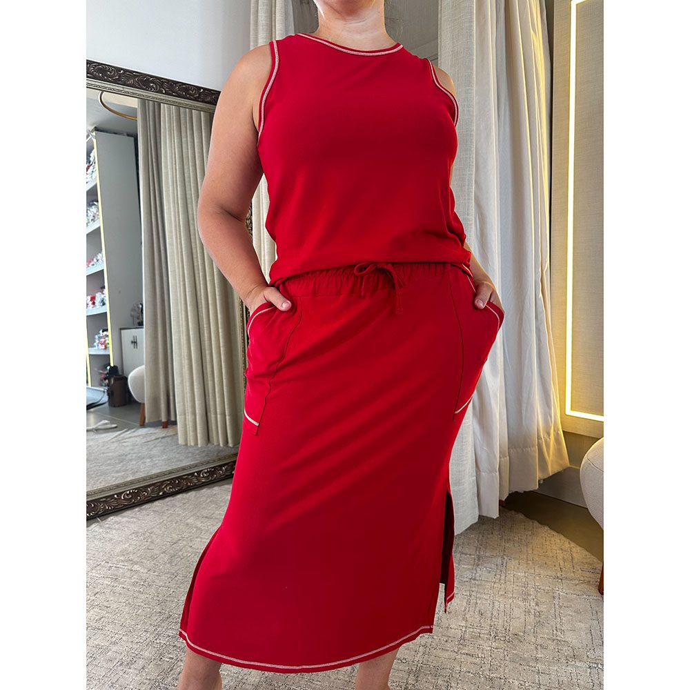 Conjunto em Moletinho com Saia e Regata Vermelho/Off