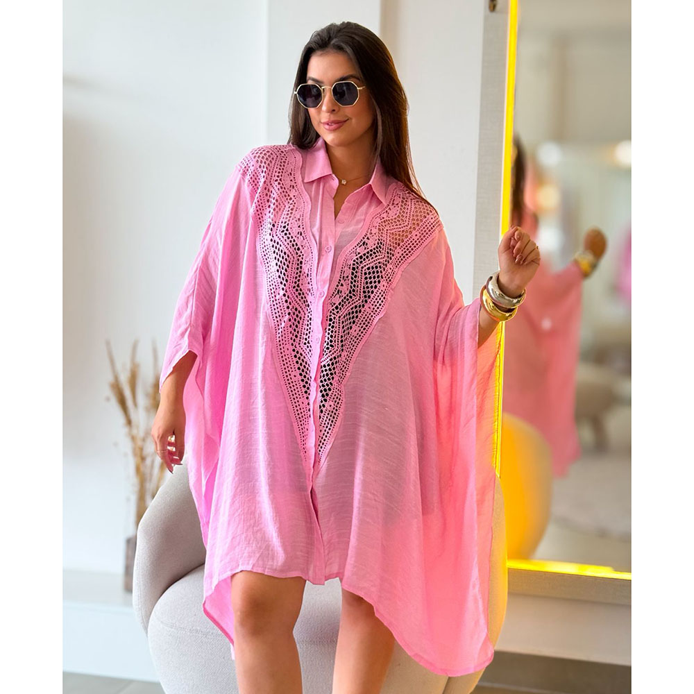 Kimono Crepe Renda Rosa
