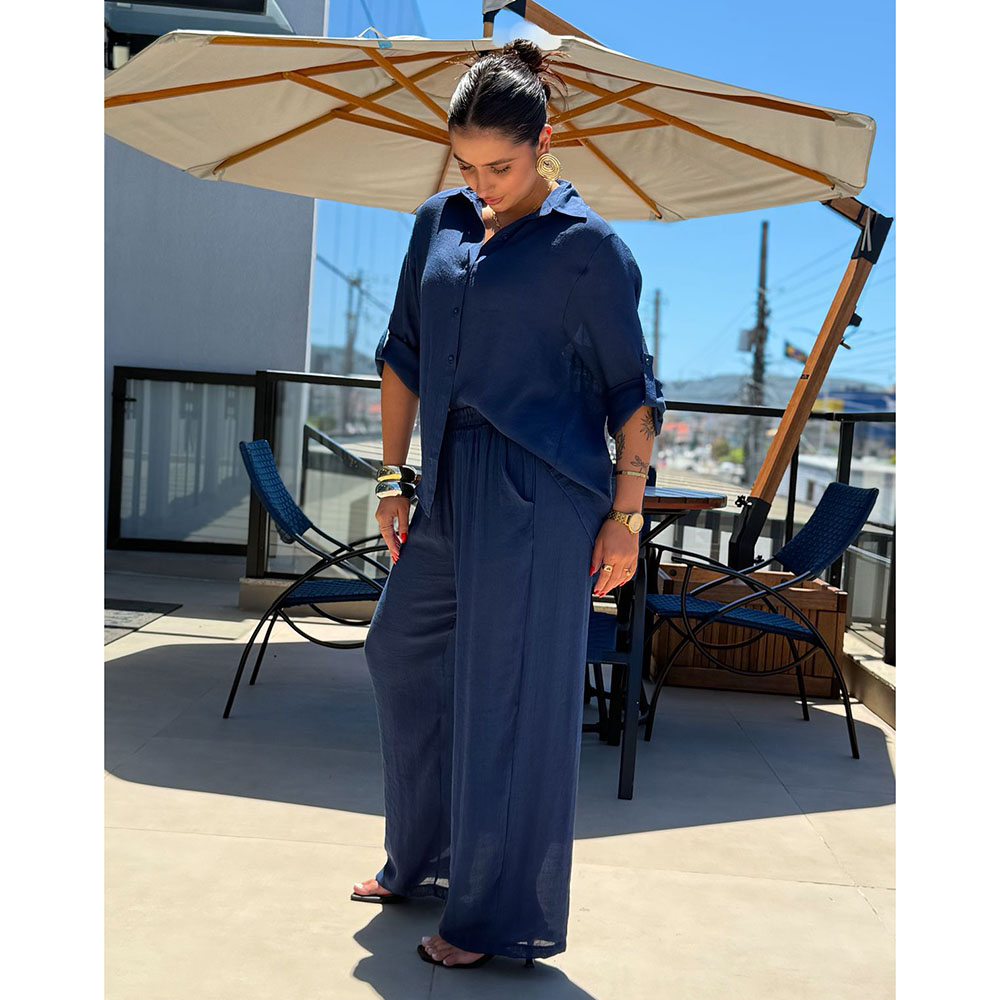 Conjunto Camisa Crepe Azul Marinho