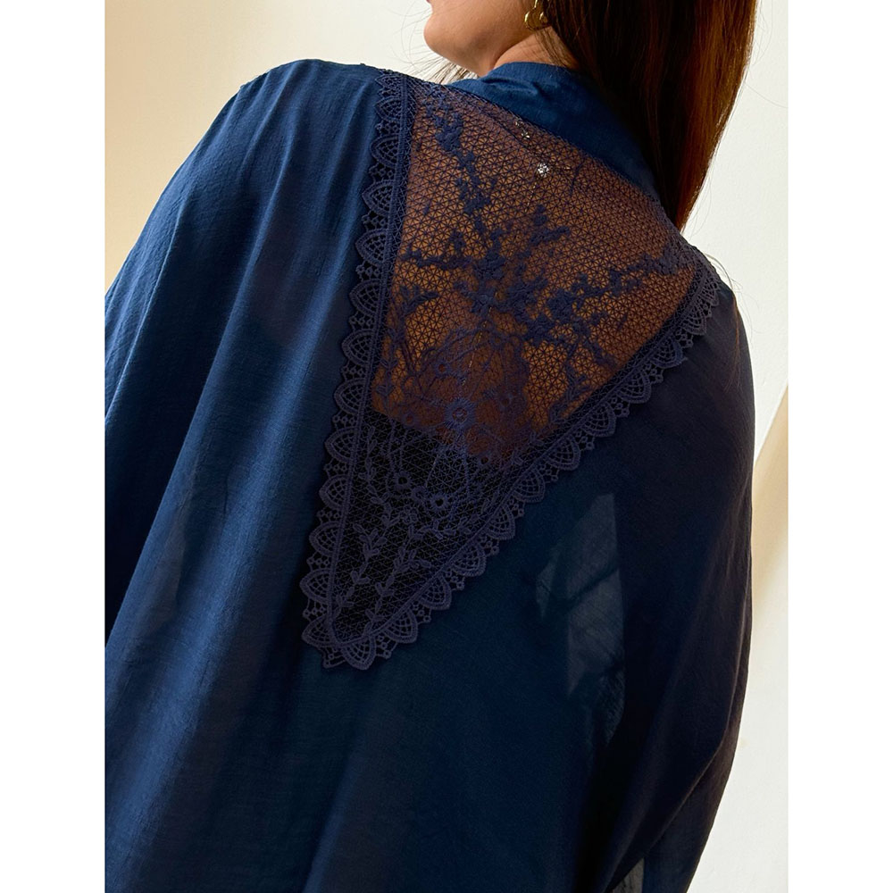 Kimono Crepe Renda Azul Marinho