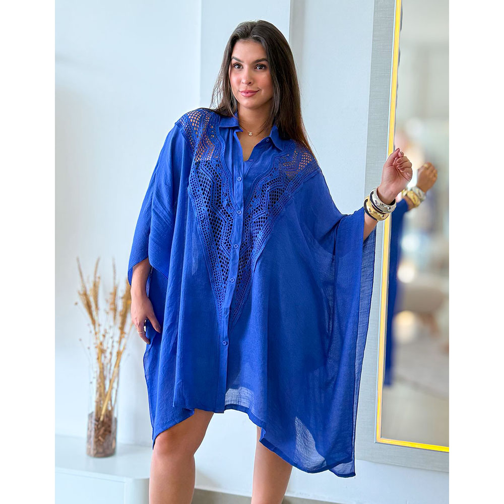 Kimono Crepe Renda Azul Royal