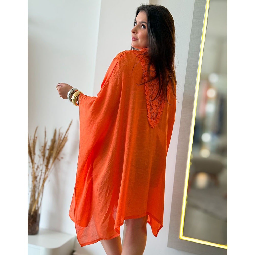Kimono Crepe Renda Laranja
