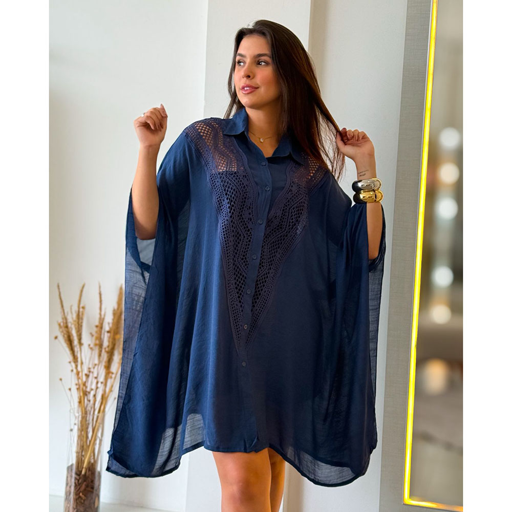 Kimono Crepe Renda Azul Marinho