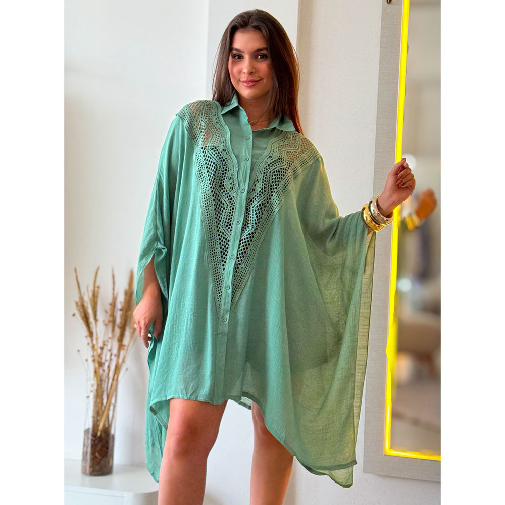 Kimono Crepe Renda Verde Menta
