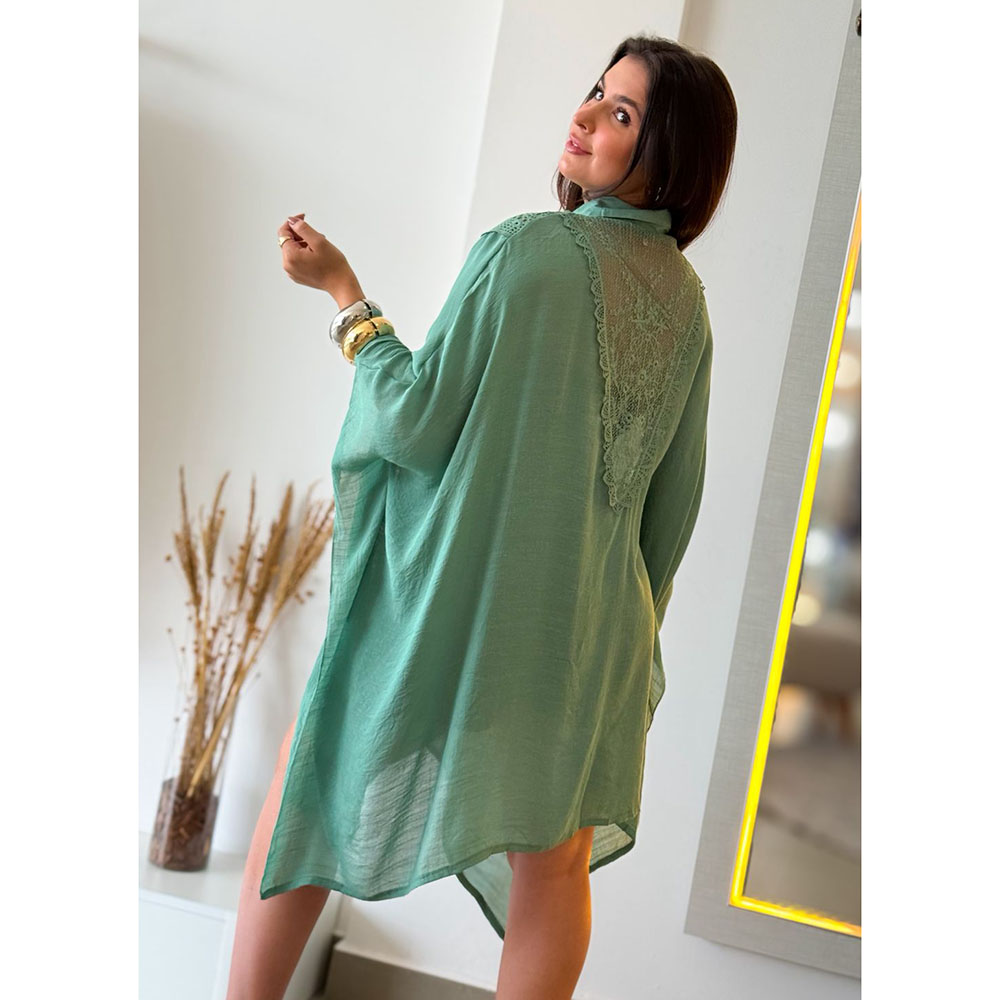 Kimono Crepe Renda Verde Menta