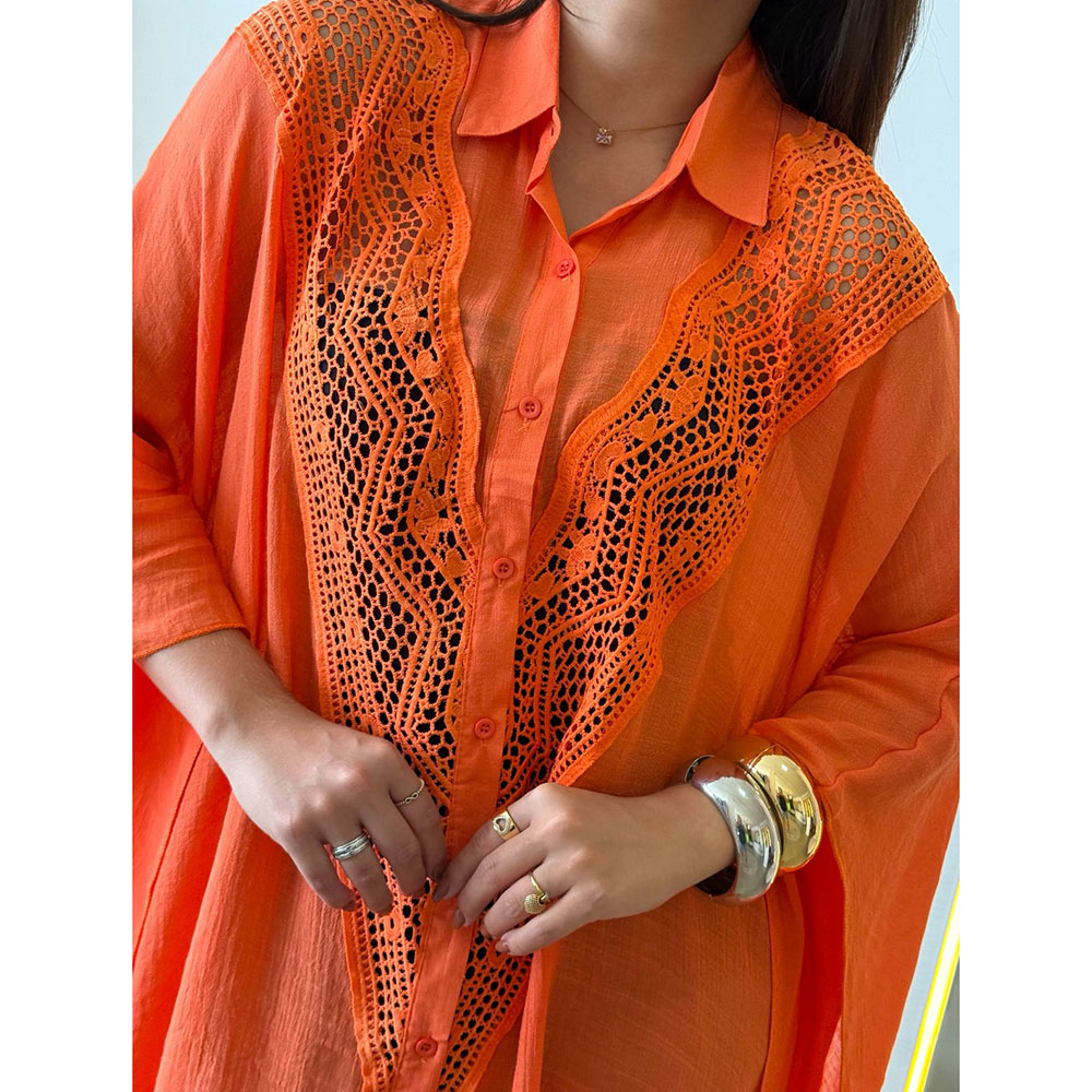 Kimono Crepe Renda Laranja