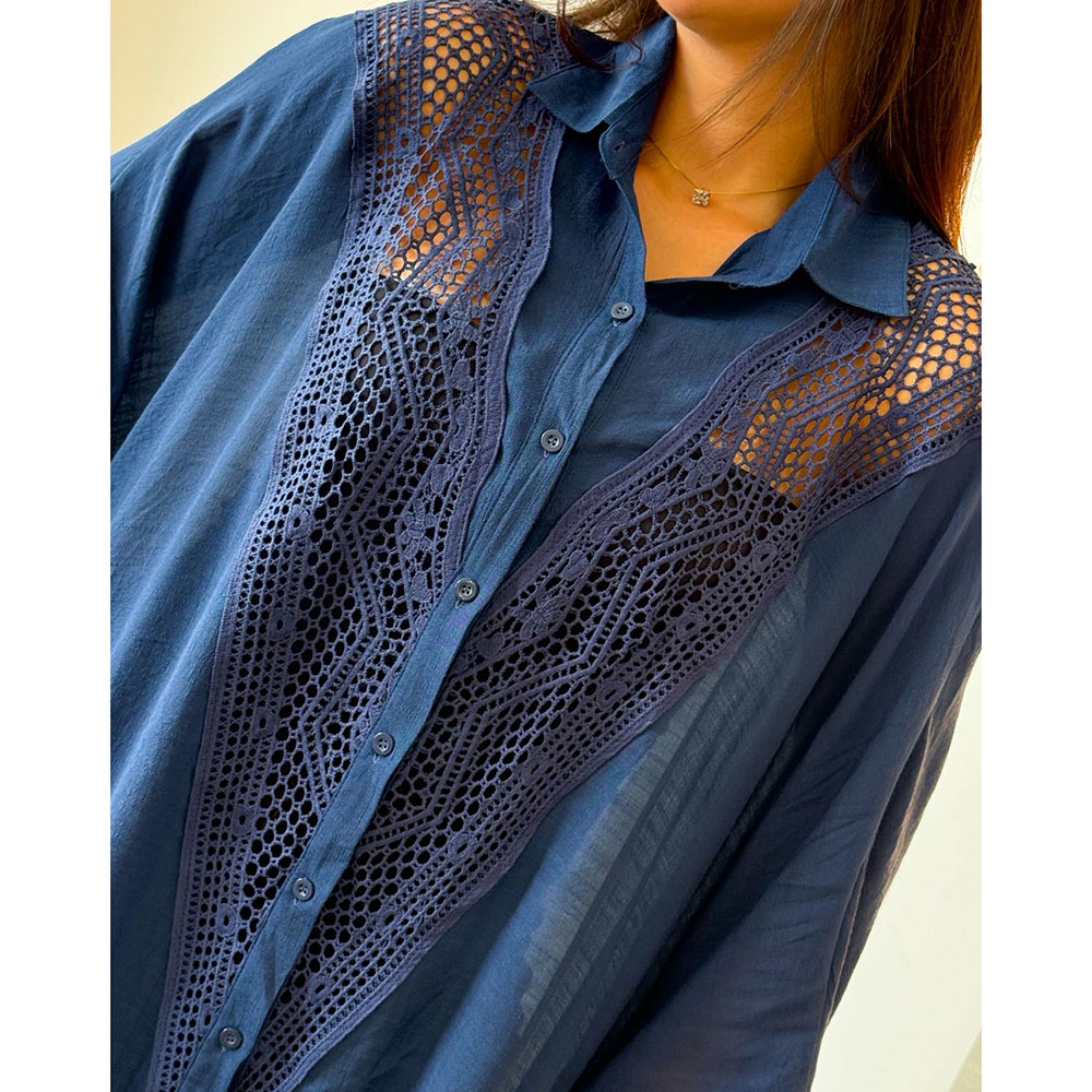 Kimono Crepe Renda Azul Marinho