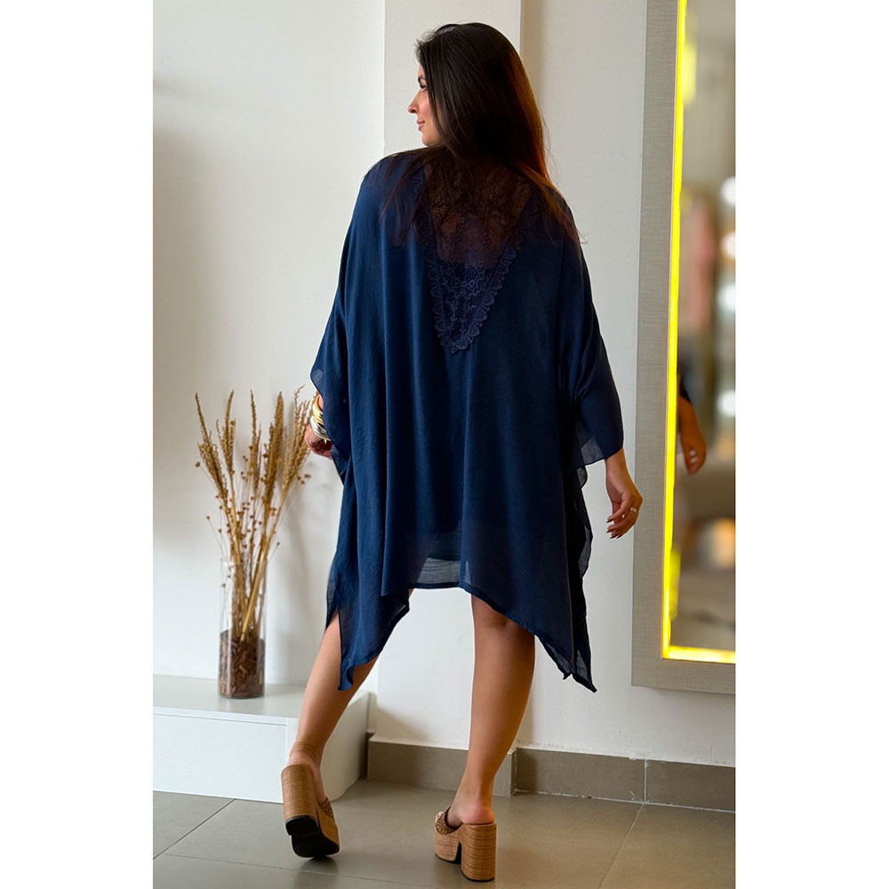 Kimono Crepe Renda Azul Marinho