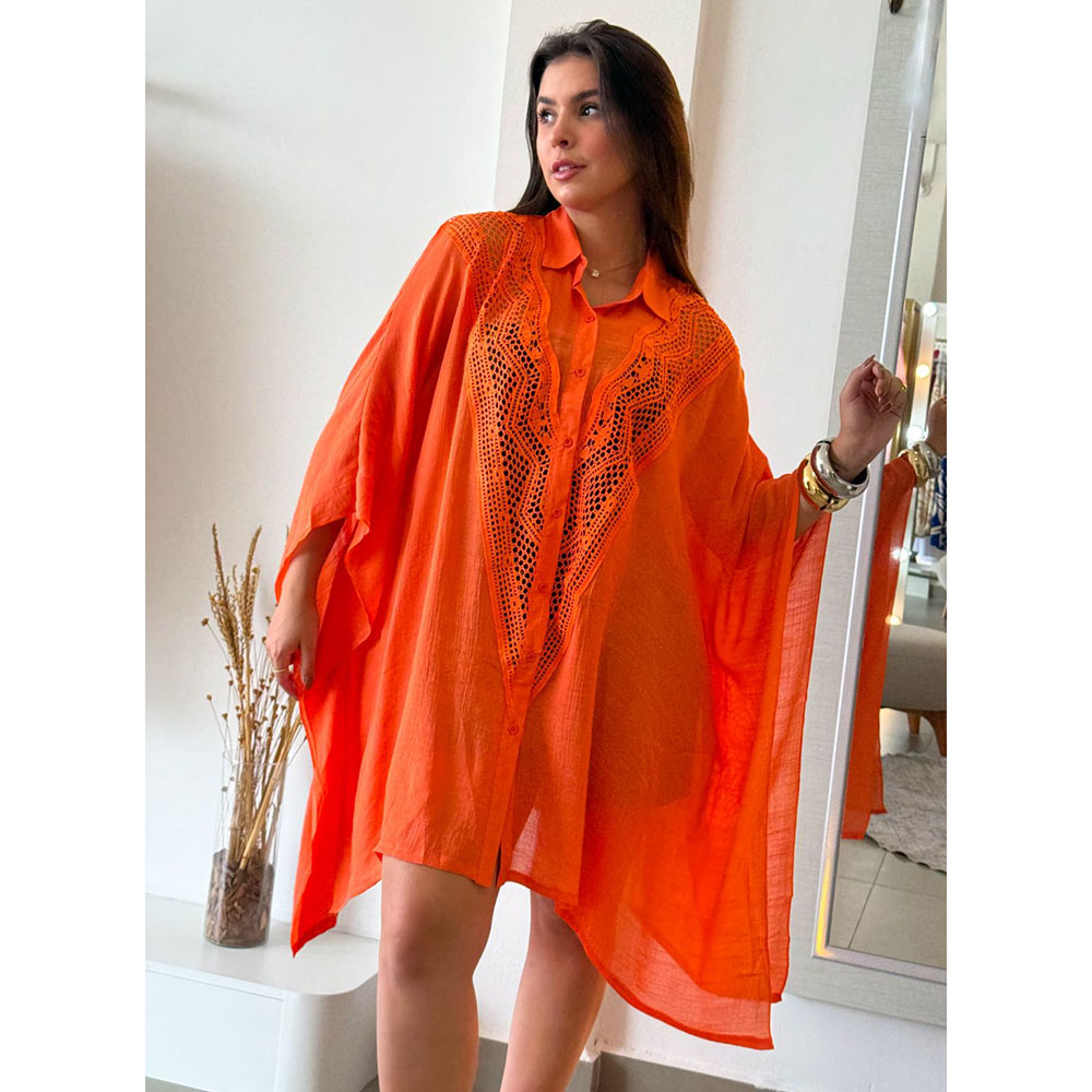 Kimono Crepe Renda Laranja