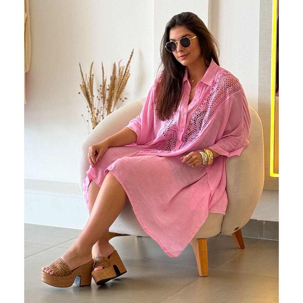 Kimono Crepe Renda Rosa