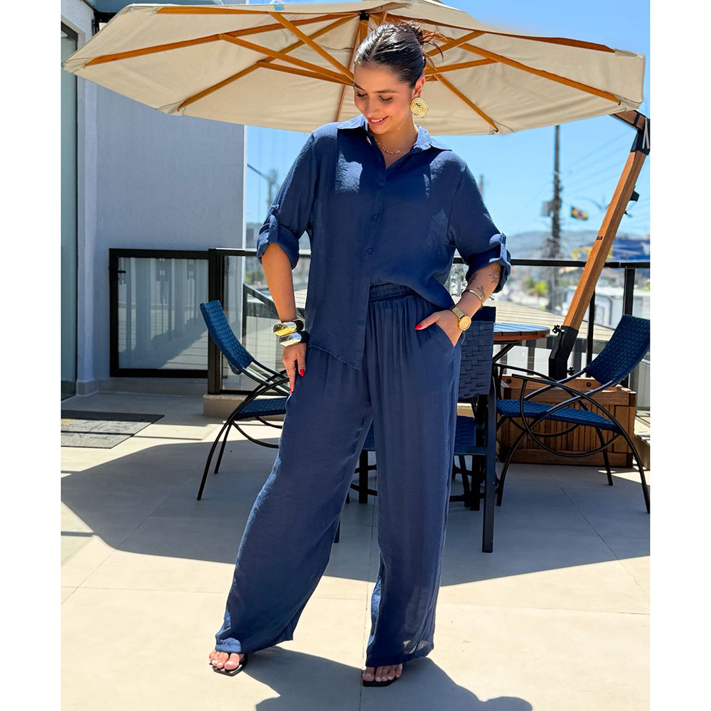 Conjunto Camisa Crepe Azul Marinho
