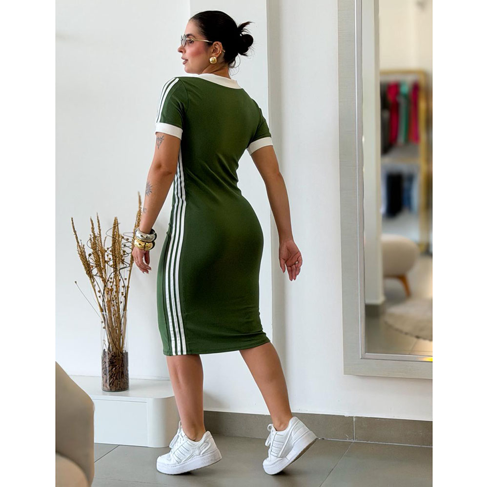Vestido Midi Com Listras Laterais Verde Militar