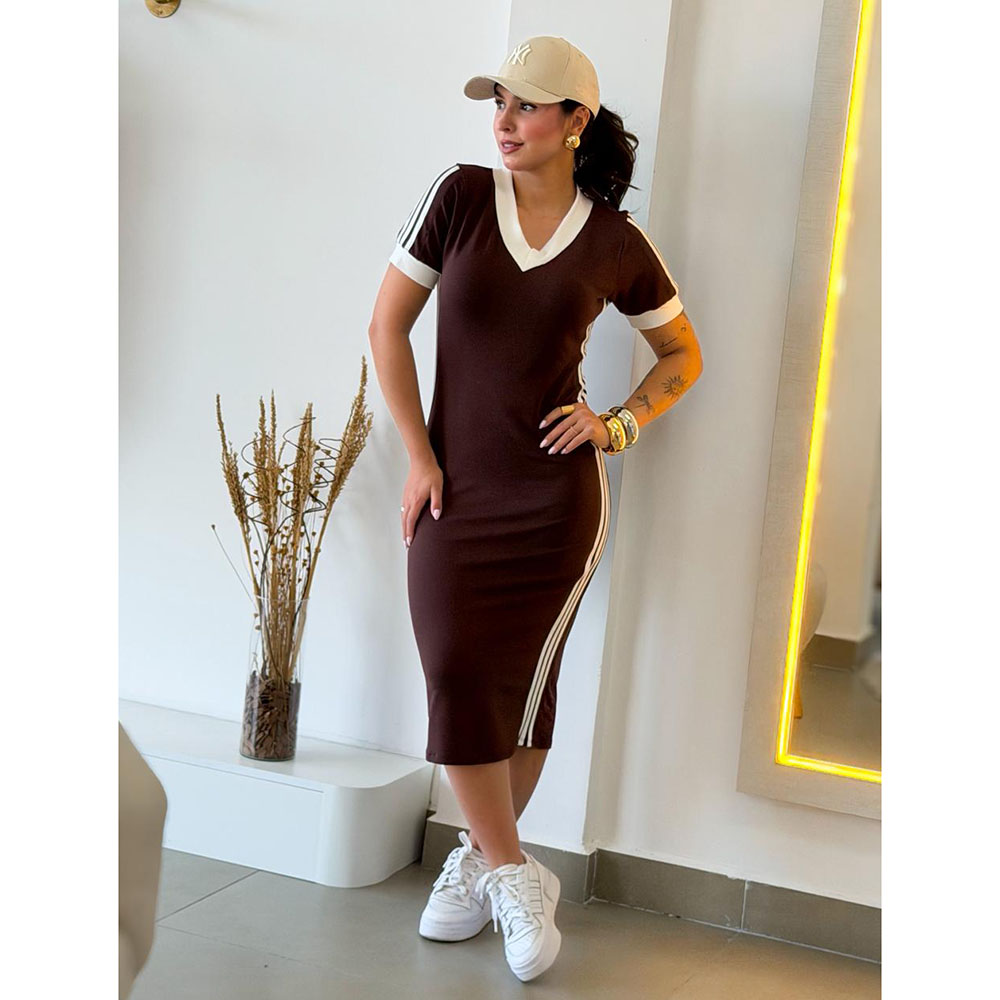 Vestido Midi Com Listras Laterais Marrom