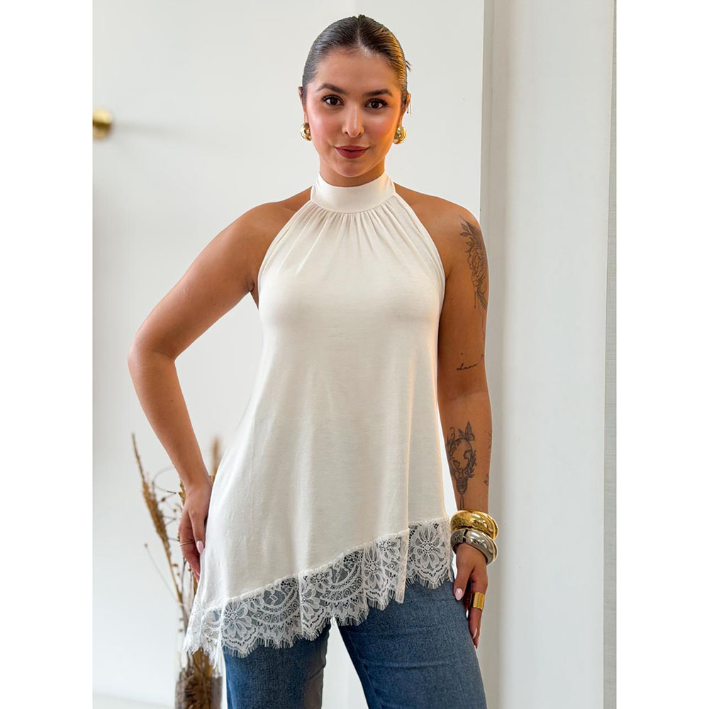 Blusa Frente Única Assimétrica Com Renda Off