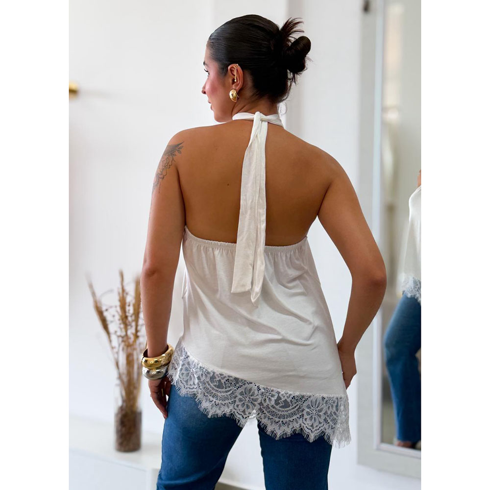 Blusa Frente Única Assimétrica Com Renda Off