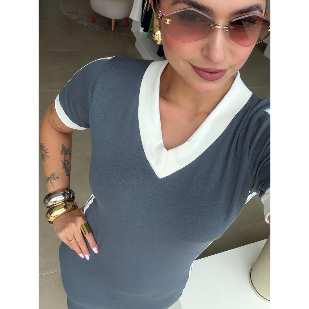 Vestido Midi Com Listras Laterais Cinza