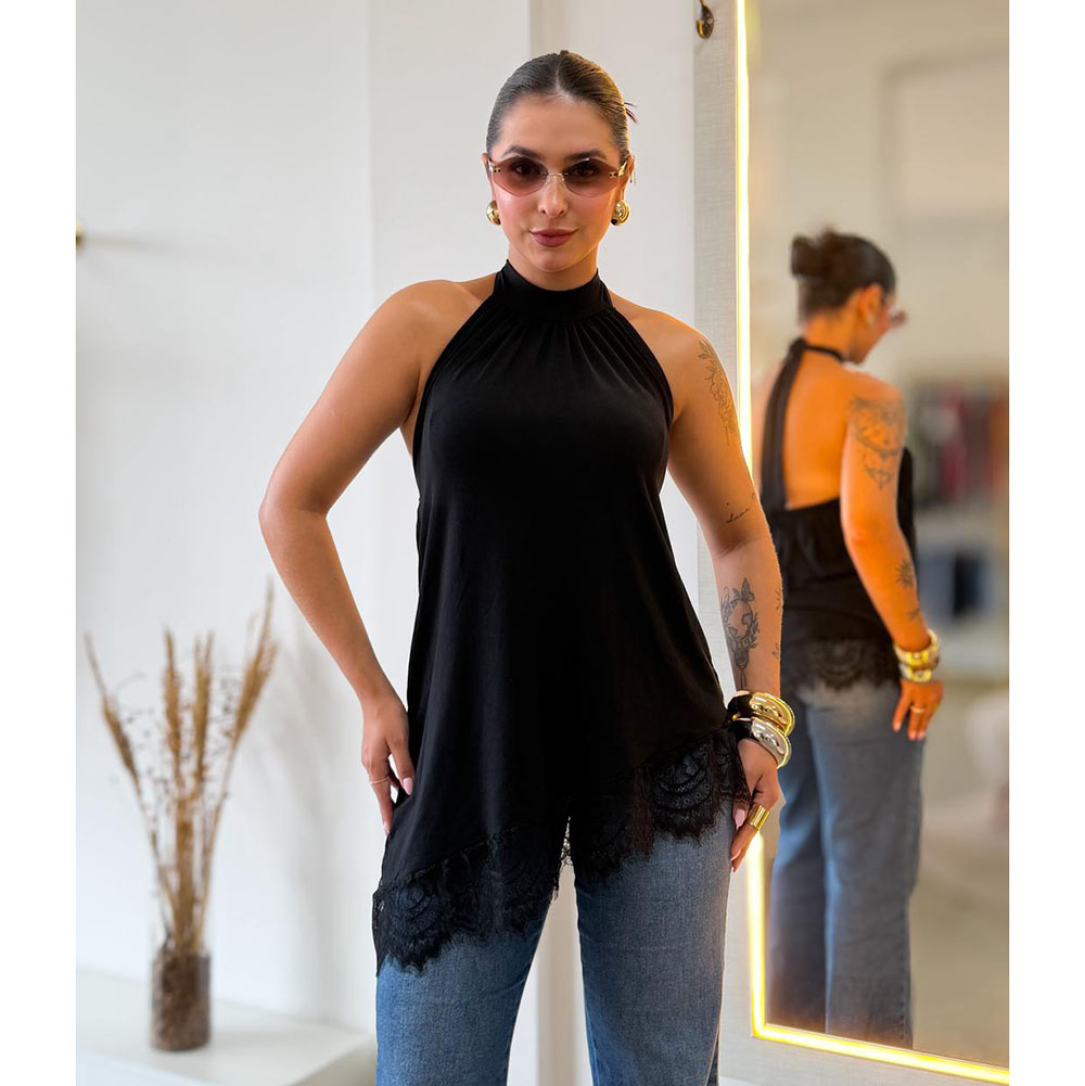 Blusa Frente Única Assimétrica Com Renda Preto