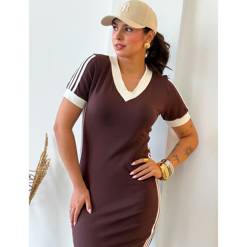 Vestido Midi Com Listras Laterais Marrom
