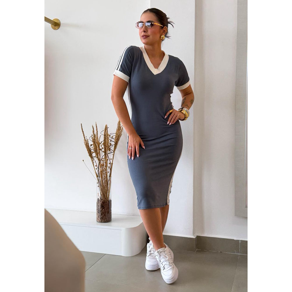 Vestido Midi Com Listras Laterais Cinza