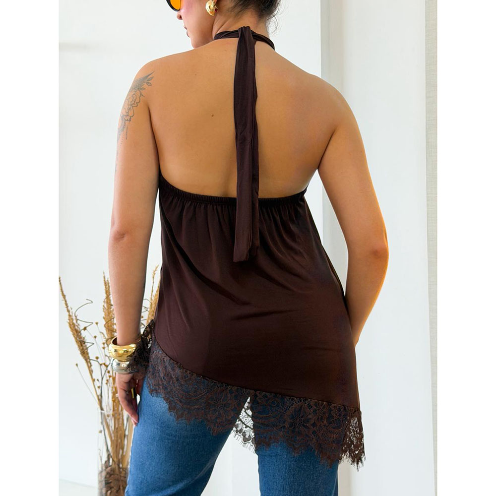 Blusa Frente Única Assimétrica Com Renda Marrom