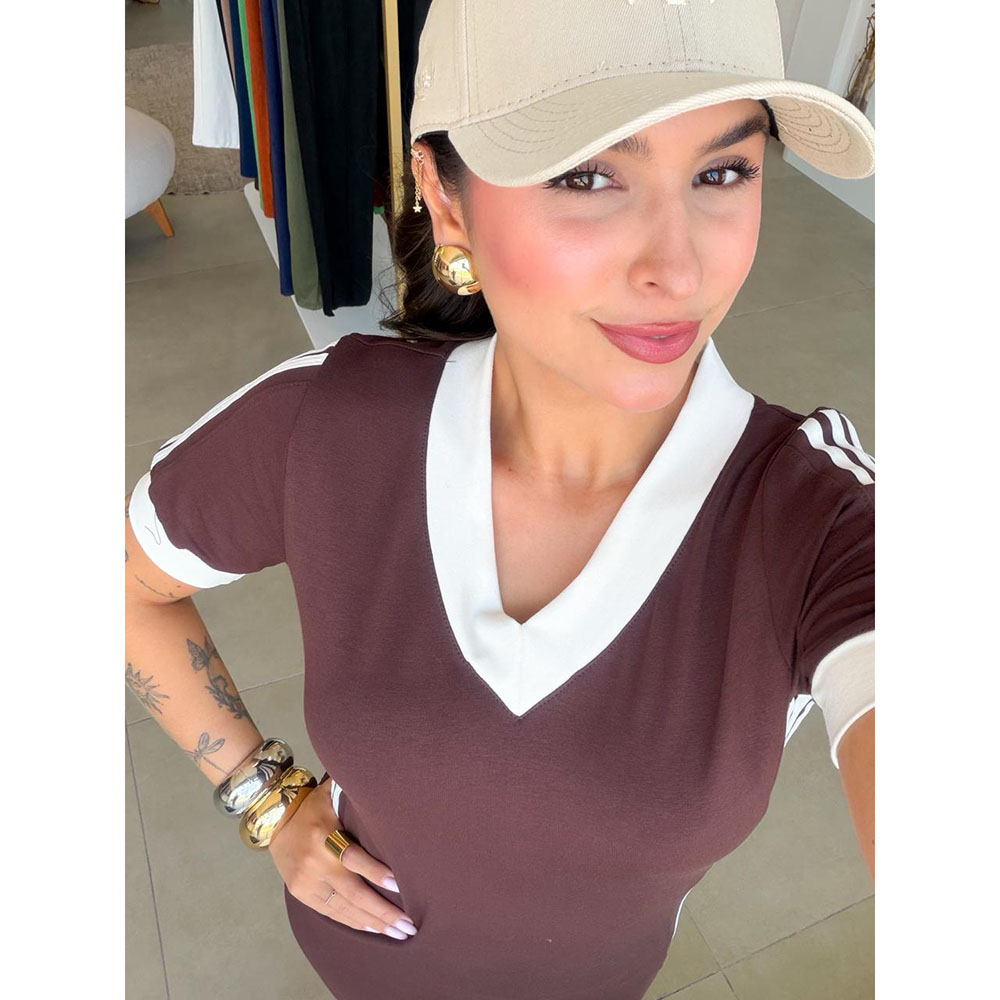 Vestido Midi Com Listras Laterais Marrom