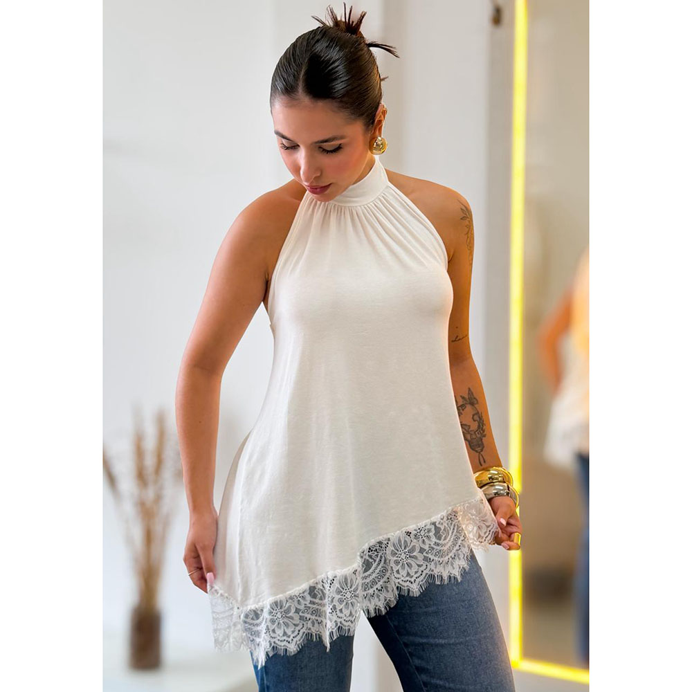 Blusa Frente Única Assimétrica Com Renda Off