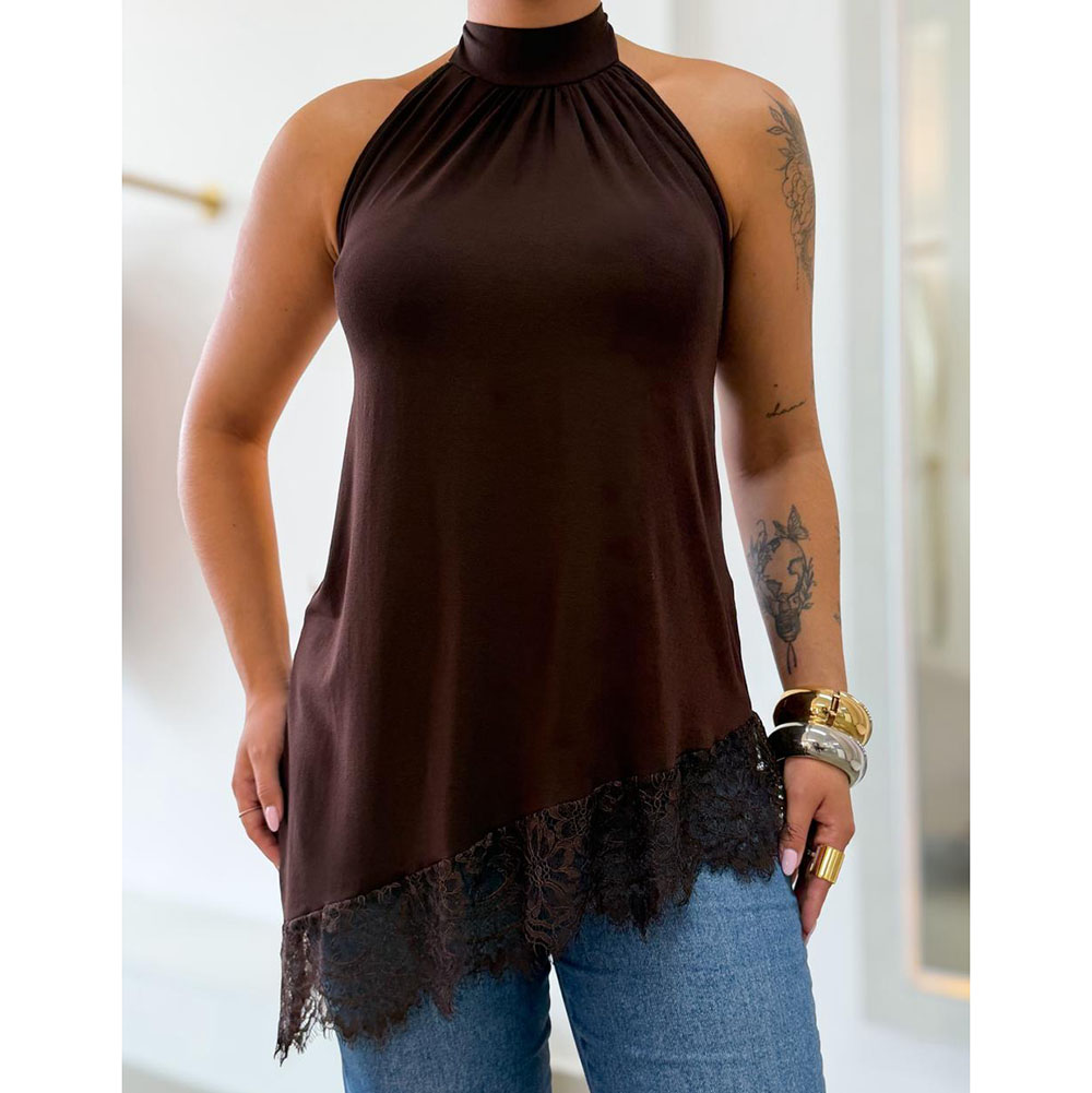 Blusa Frente Única Assimétrica Com Renda Marrom