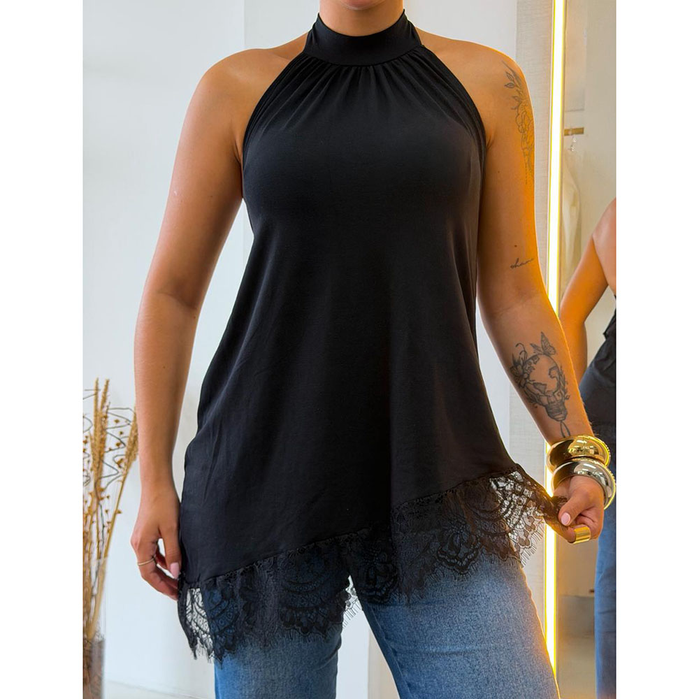 Blusa Frente Única Assimétrica Com Renda Preto