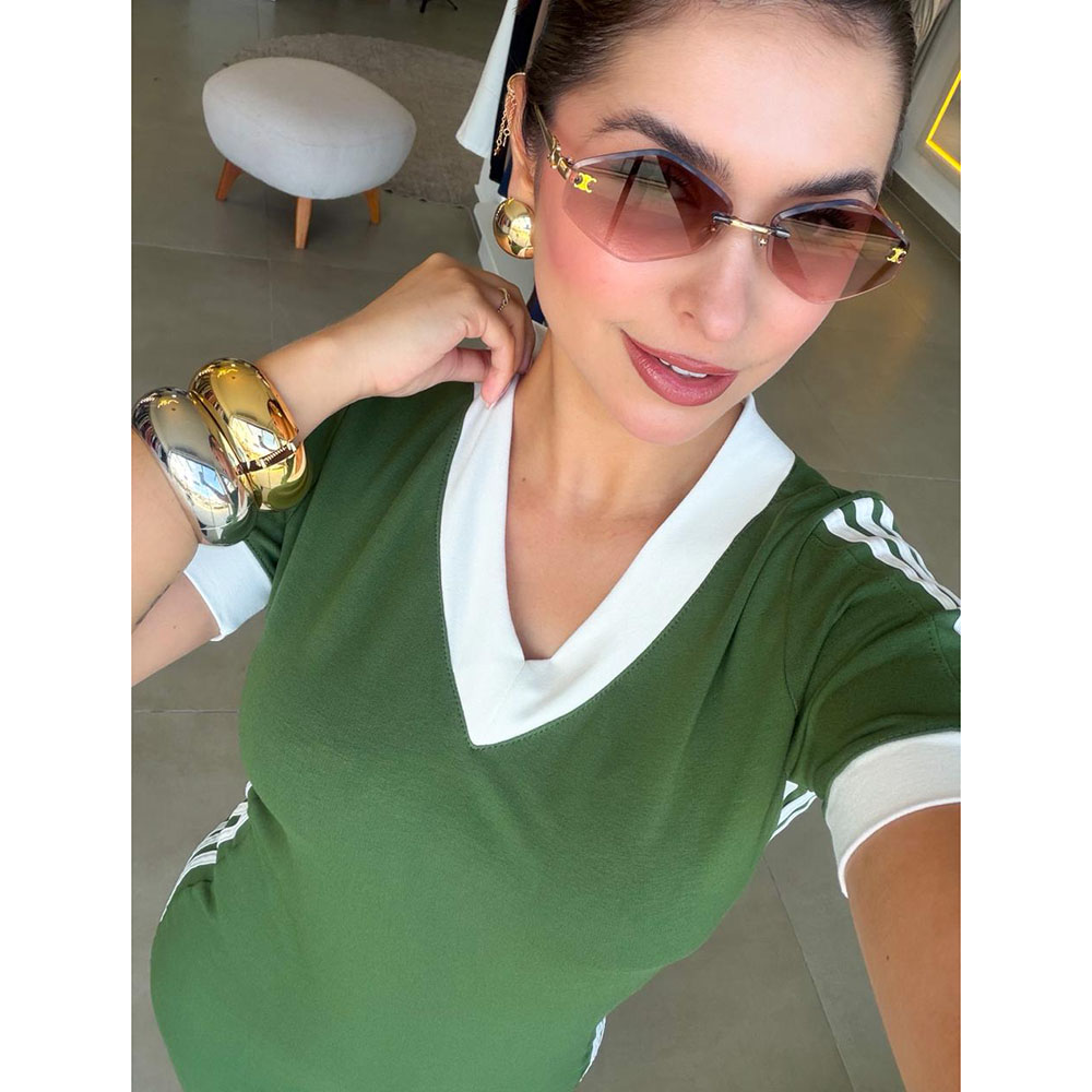 Vestido Midi Com Listras Laterais Verde Militar