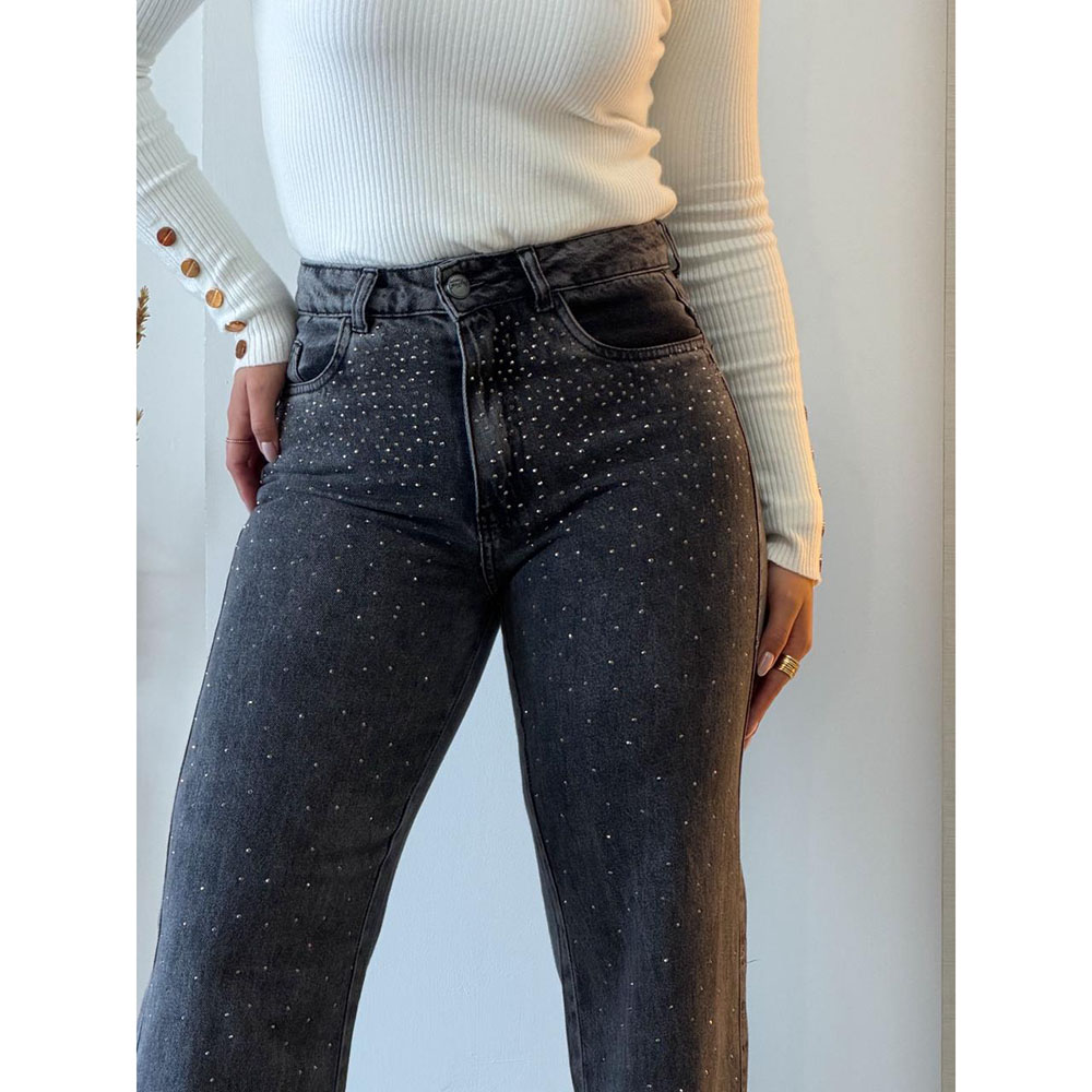 Calça Jeans Preta Com Strass Prata