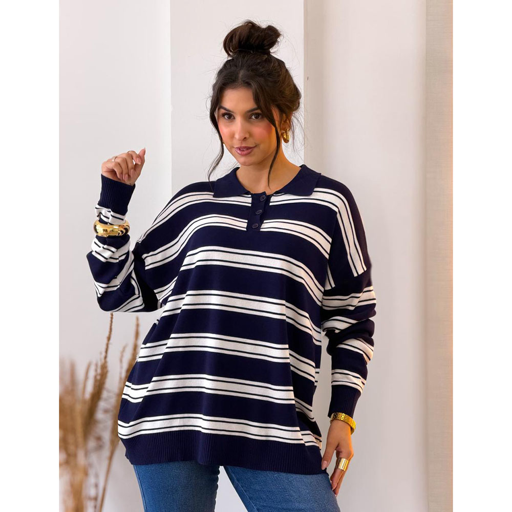 Blusa Modal Over Listrada Azul e Branco