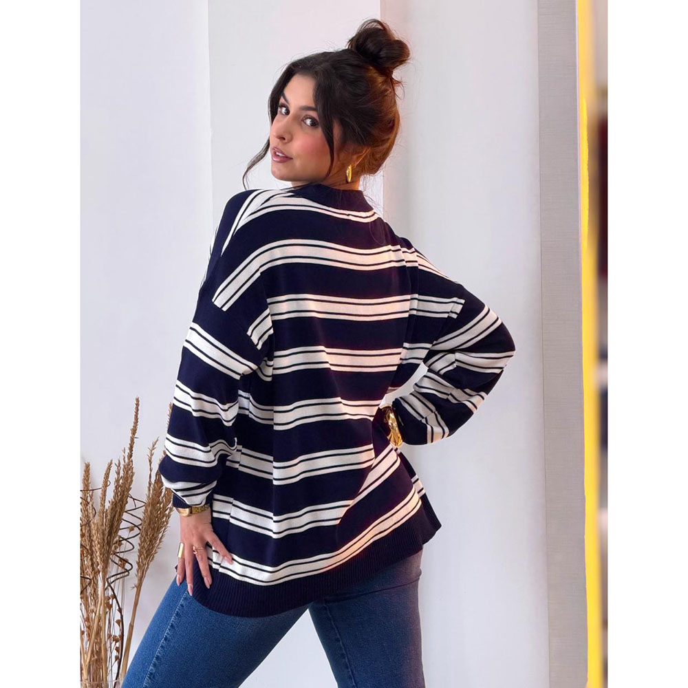 Blusa Modal Over Listrada Azul e Branco