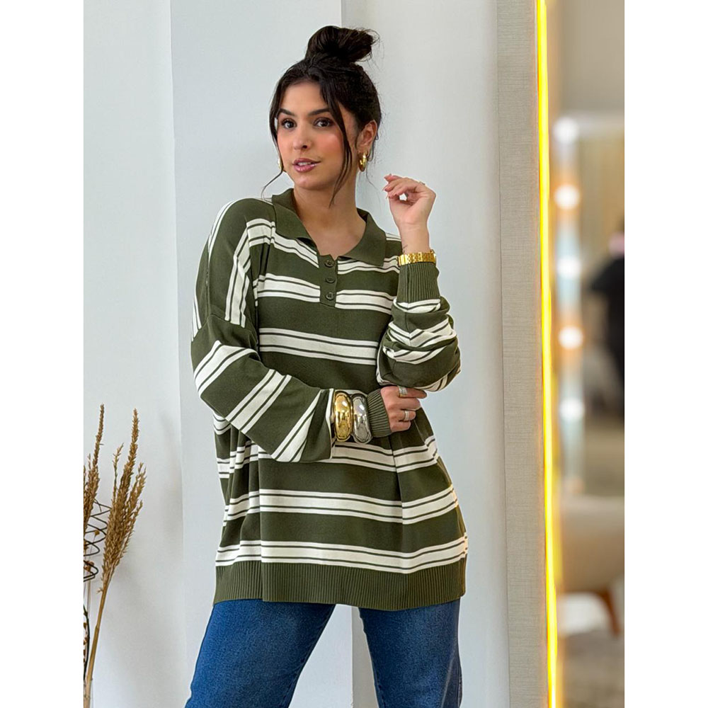Blusa Modal Over Listrada Verde e Off