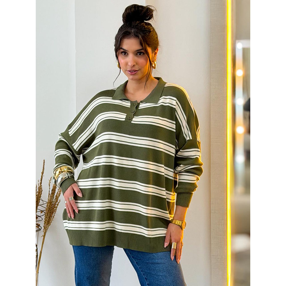 Blusa Modal Over Listrada Verde e Off