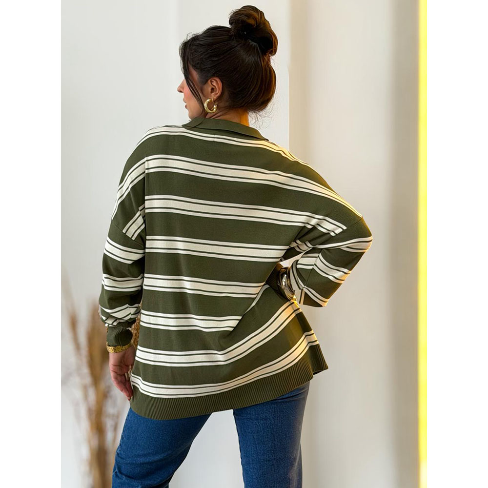 Blusa Modal Over Listrada Verde e Off