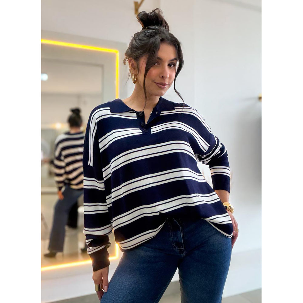 Blusa Modal Over Listrada Azul e Branco