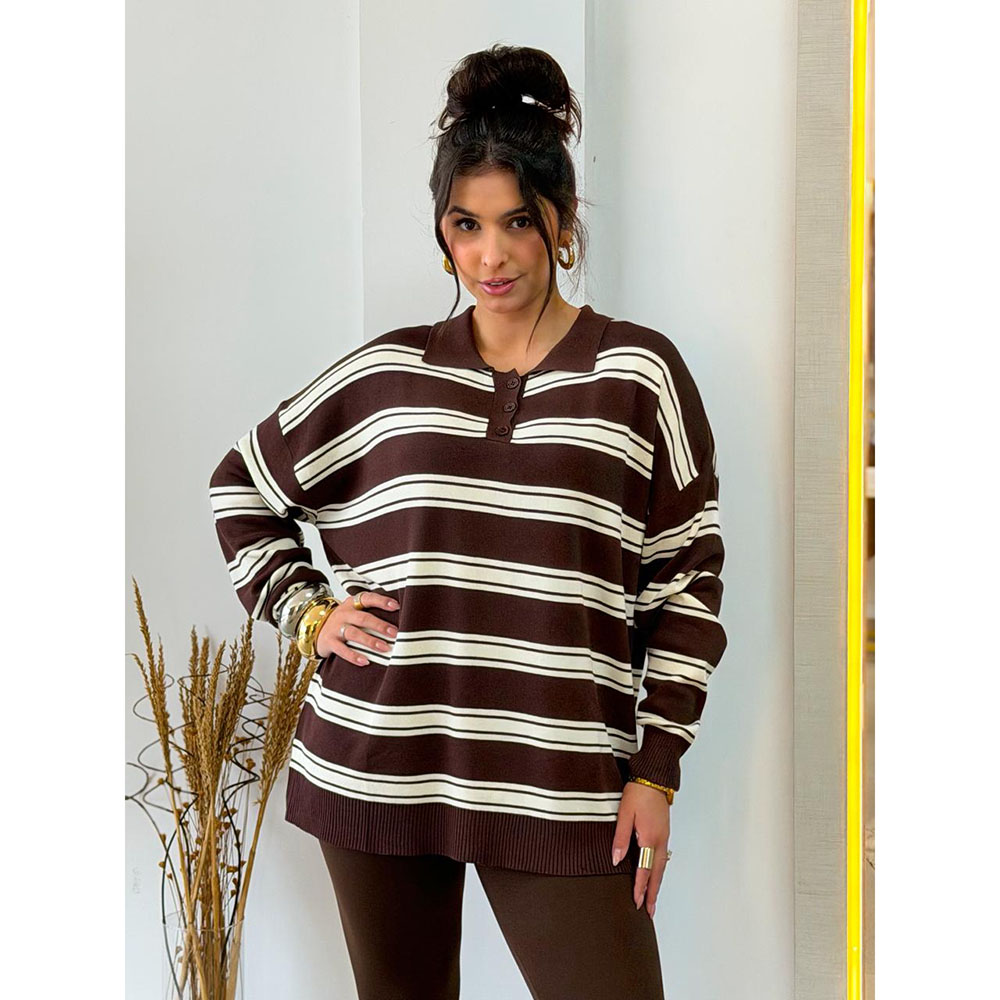 Blusa Modal Over Listrada Marrom e Off