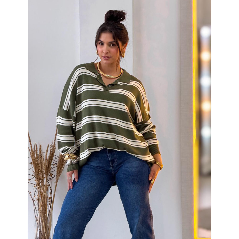 Blusa Modal Over Listrada Verde e Off
