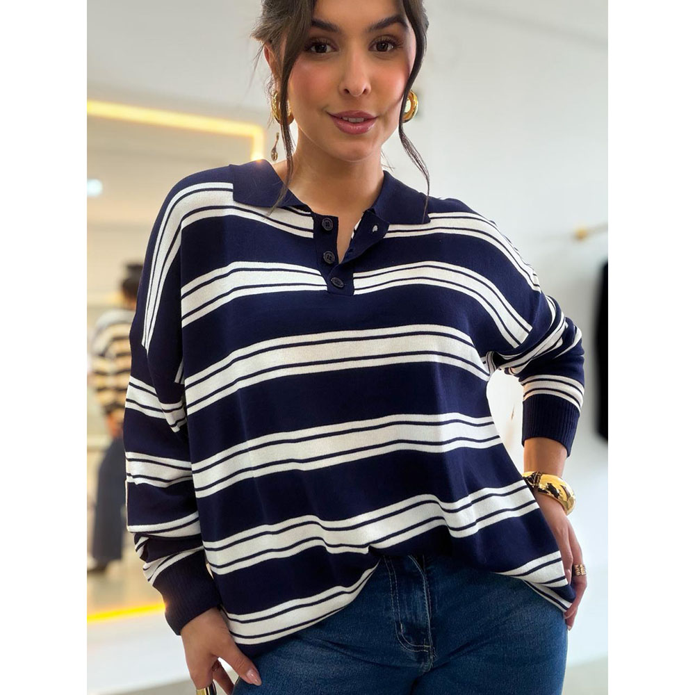 Blusa Modal Over Listrada Azul e Branco