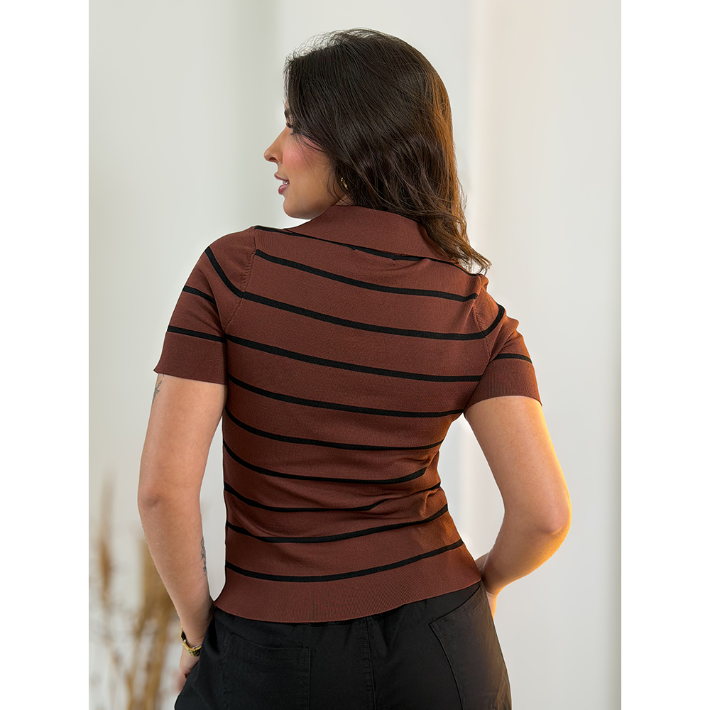 Blusa Polo Listrada Marrom
