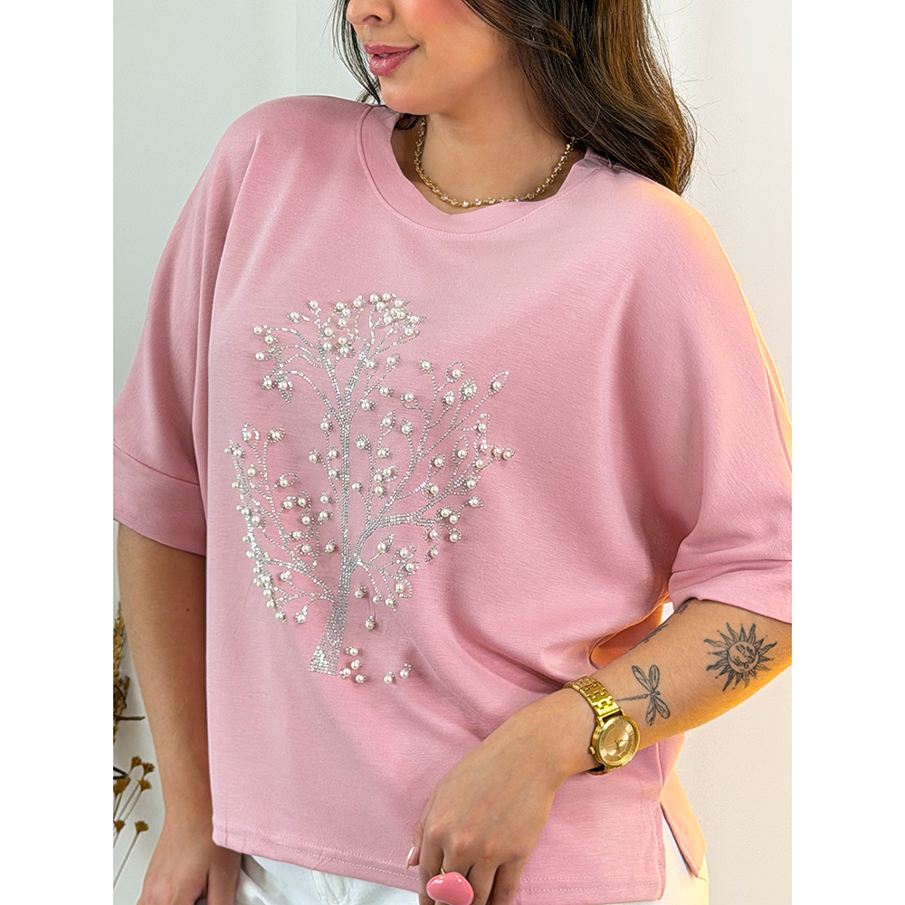 Blusa Over Pedraria Rosa