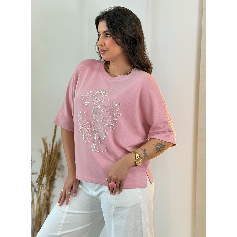Blusa Over Pedraria Rosa